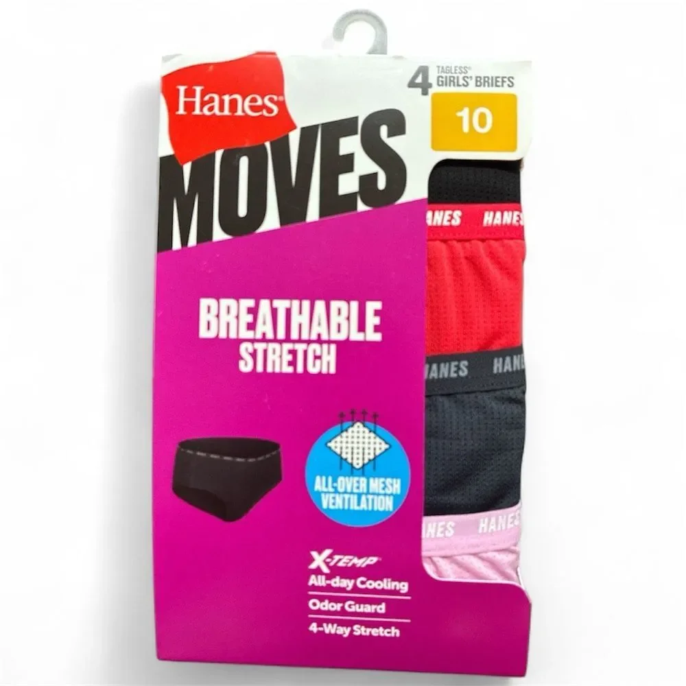 Hanes Moves Girls' Breathable Stretch Brief Underwear, size 10, multicolor 4-Pk